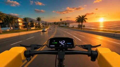 Drive A Kukirin rider balancing a wheelie on an open coastal road