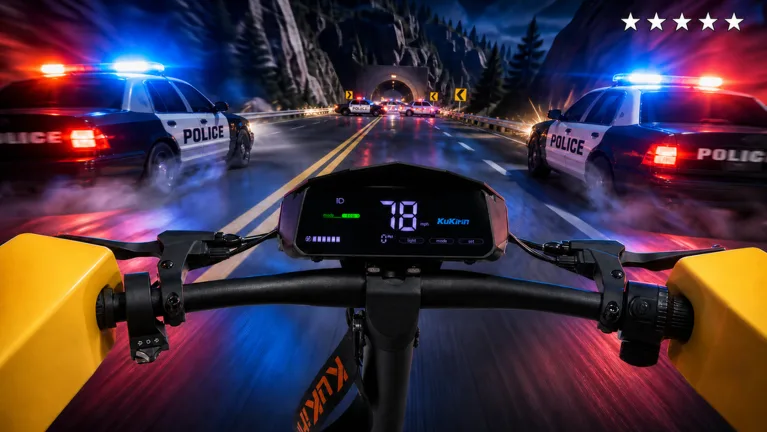 Drive A Kukirin night scene with a scooter rider and a police car in pursuit