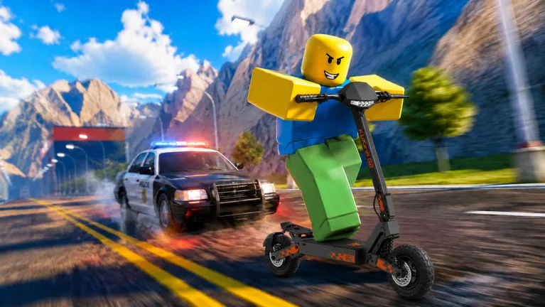 Drive A Kukirin scooter stunt scene with a police car nearby